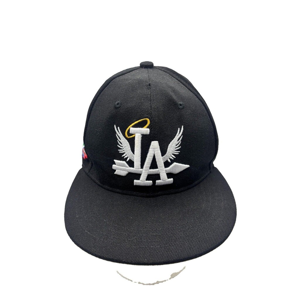 Los Angeles LA Custom Fitted Hat Black World Champs From Bay To LA Angel Wings